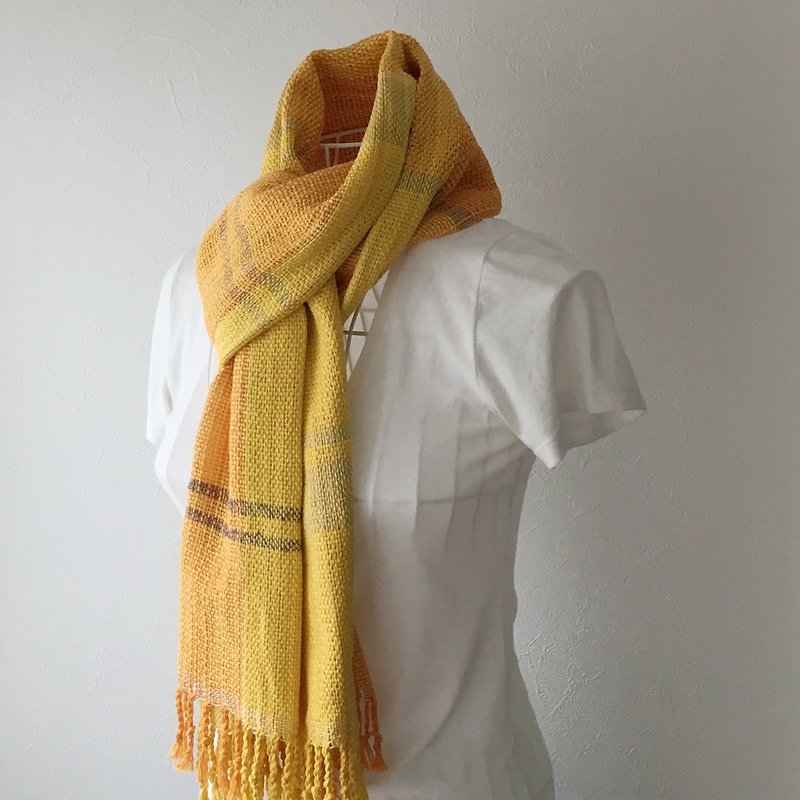 【綿&リネン：オールシーズン】ユニセックス：手織りストール "Orange & Yellow" - 絲巾 - 棉．麻 黃色