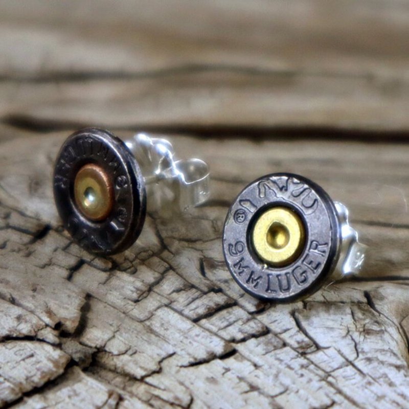 Bullet - 9mm Pistol Bullet Stud Earrings / Men's Round Vintage Sterling Silver Stud Earrings - Earrings & Clip-ons - Other Materials 