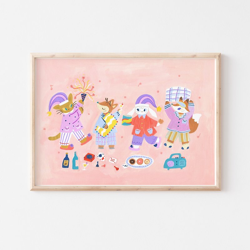 動物們的睡衣派對  I 印刷裝飾畫 - 掛牆畫/海報 - 紙 粉紅色