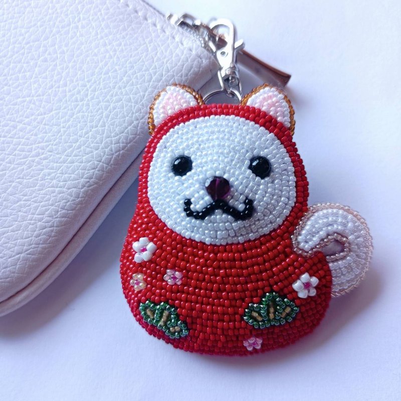 White Shiba Inu with a Garnet Nose Charm, Bag Charm, Keychain, Choice of metal fittings - ที่ห้อยกุญแจ - วัสดุอื่นๆ 