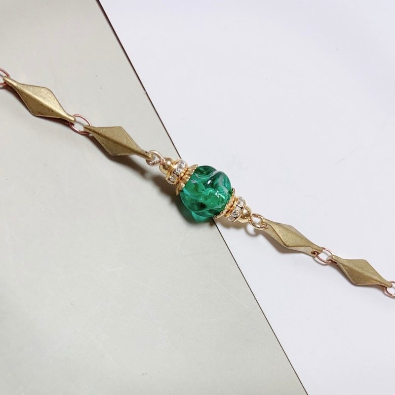 美國 湖水綠古董 鋯石珠 黃銅手鍊 手環 飾品 輕寶石 禮物 古董 - 手鍊/手環 - 銅/黃銅 金色