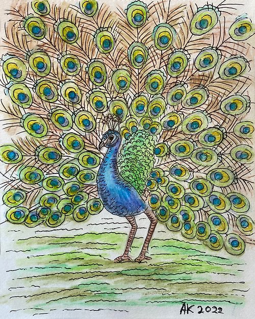 Anastasia Art - 独特的工艺 Peacock Bird watercolour painting, animal artwork, colourful drawing, green blue