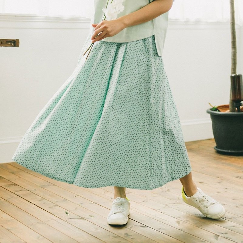 Long Skirt / Crested Myna No.4 / Mint Green - กระโปรง - ผ้าฝ้าย/ผ้าลินิน สีเขียว