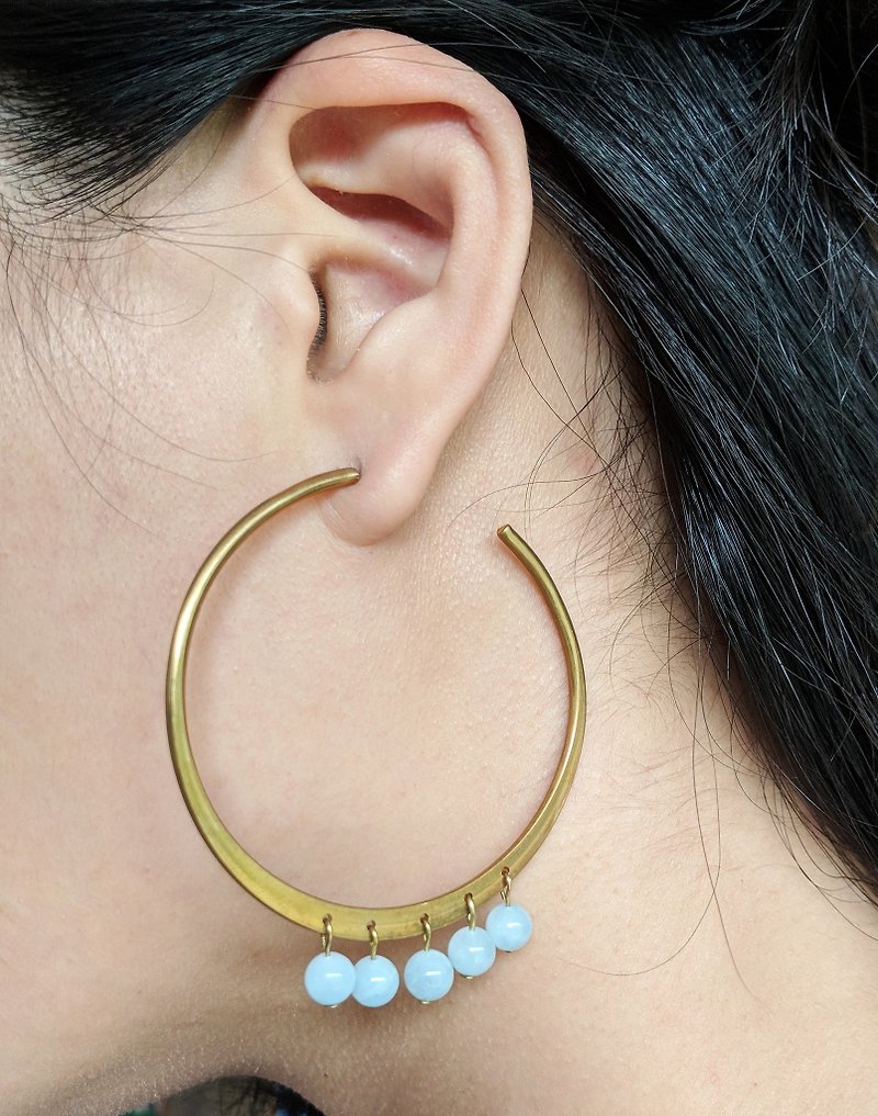Brass Hoop Earrings with Aquamarine - Earrings & Clip-ons - Semi-Precious Stones 