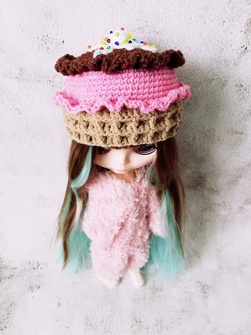Blythe hat crochet brown pink Ice Cream - Stuffed Dolls & Figurines - Cotton & Hemp Brown