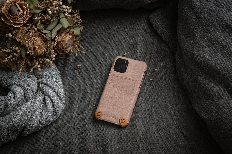 iPhone 11 Pro MAX MORANDI Series Minimalist Mobile Phone Leather Case- Milk Tea Powder Double Layer Card Holder - Phone Cases - Genuine Leather Pink