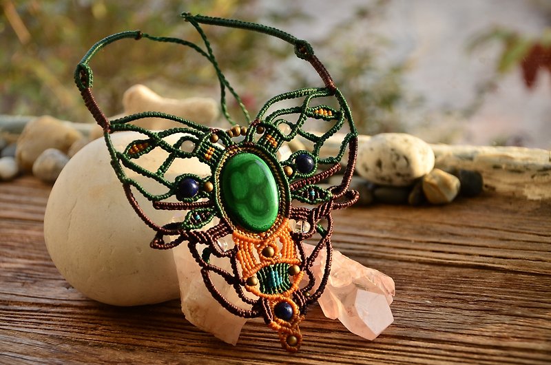 天然水晶-孔雀石-手制花邊編織項鍊 - 項鍊 - 寶石 綠色