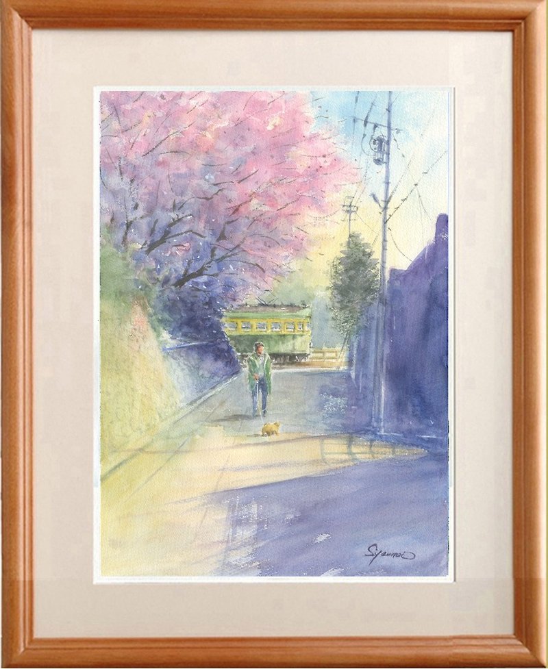 水彩画　日本の桜と江ノ電５ - ポスター・絵 - 紙 ピンク
