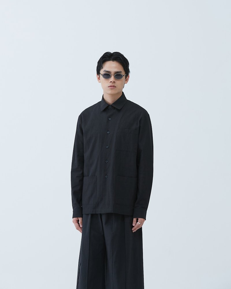 棉．麻 男襯衫/休閒襯衫 黑色 - 石洗感工作襯衫 Windsor Collar Jacket