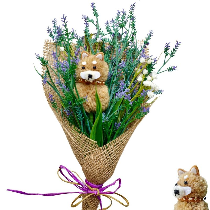 Shiba Inu and Lavender Mini Bouquet, Artificial Flower Bouquet, Wall Decoration, - ช่อดอกไม้แห้ง - วัสดุอื่นๆ สีม่วง