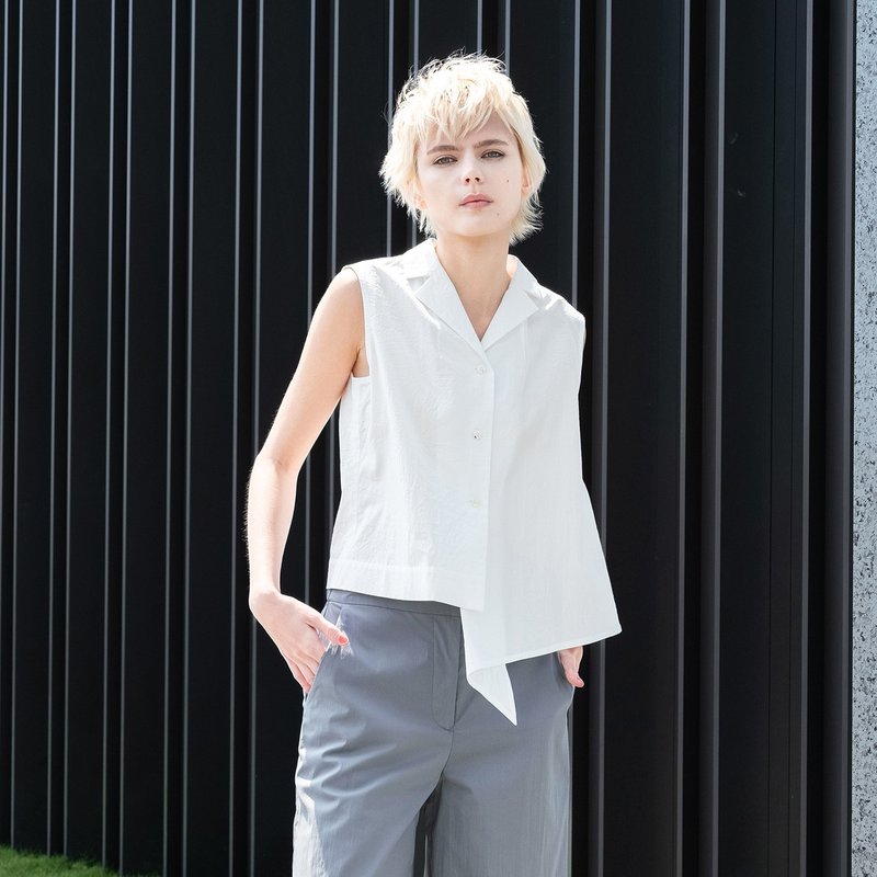 Falling suit collar sleeveless shirt - Women's Shirts - Cotton & Hemp White