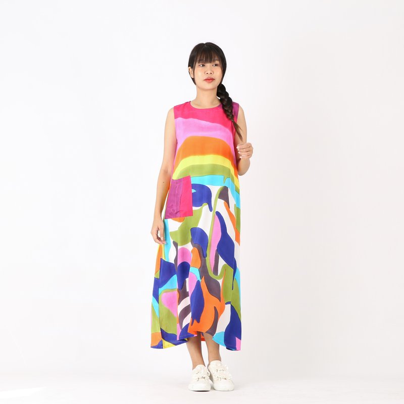 Long Dress Cotton Silk Hand Paint Free size - 洋裝/連身裙 - 棉．麻 多色