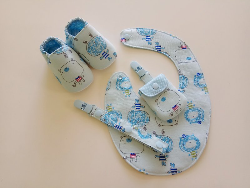 藍底大頭娃娃彌月禮物 嬰兒鞋+平安符袋+萬用夾+嬰兒圍兜 - 圍兜/口水巾 - 棉．麻 藍色