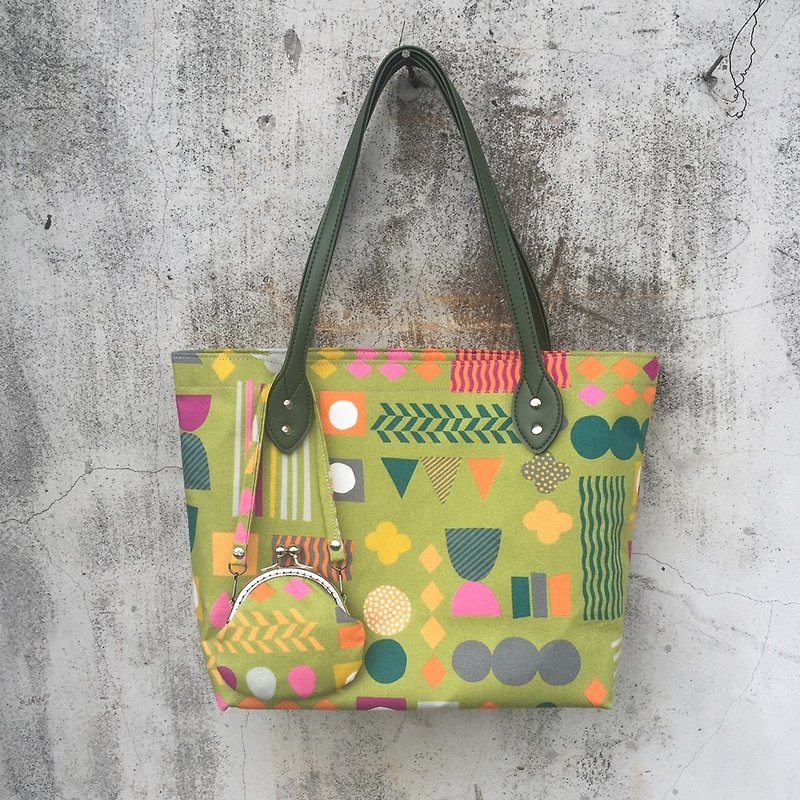 Portable Shoulder Tote Bag + Geometric Green Sauce + - Messenger Bags & Sling Bags - Paper Green