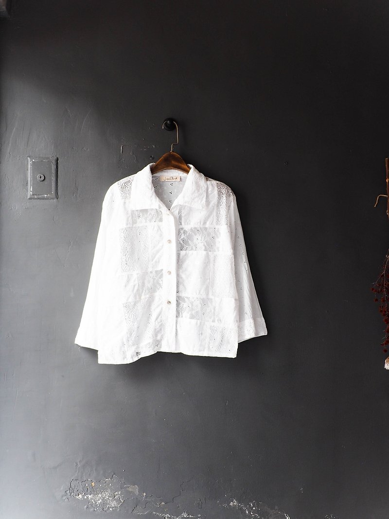 River water mountain - Wakayama pure color lace spell art girl antique cotton shirt shirt coat shirt oversize vintage - เสื้อเชิ้ตผู้หญิง - ผ้าฝ้าย/ผ้าลินิน ขาว