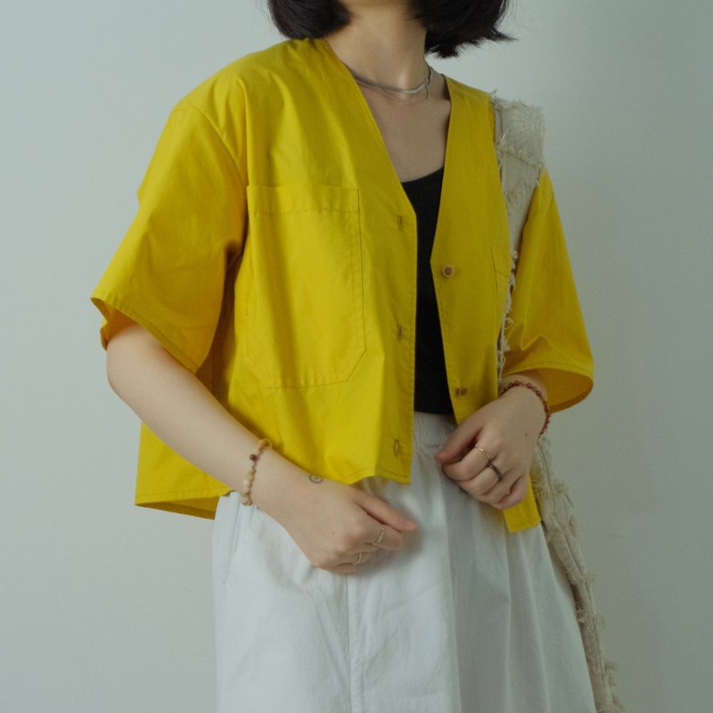 Summer Yellow V-neck Workwear Short Sleeve Shirt - Women's Tops - Cotton & Hemp Yellow