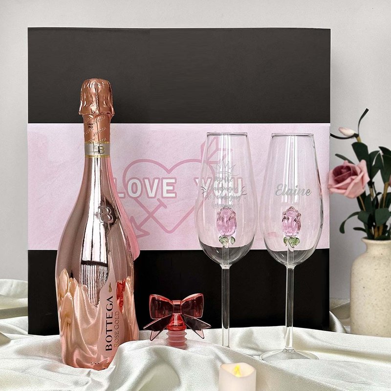 Bottega Manzoni Moscato Rose three-dimensional rose champagne glass gift box couple anniversary gift - แอลกอฮอล์ - แก้ว 