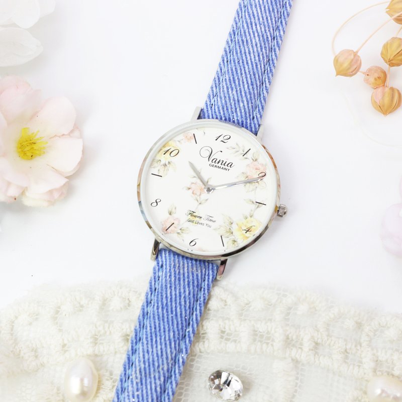 Lady Watch with flower oil painting, Stainless steel case with Japan movement - นาฬิกาผู้หญิง - สแตนเลส สีน้ำเงิน