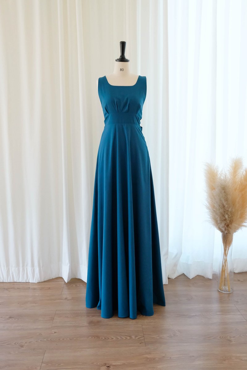 Midnight blue backless floor length bridesmaid dress prom cocktail evening dress - One Piece Dresses - Polyester Blue