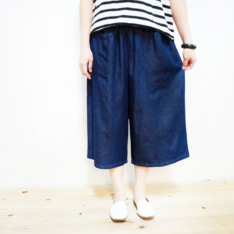 Comfortable cotton cropped wide-leg pants / tannin - กางเกงขายาว - ผ้าฝ้าย/ผ้าลินิน สีน้ำเงิน