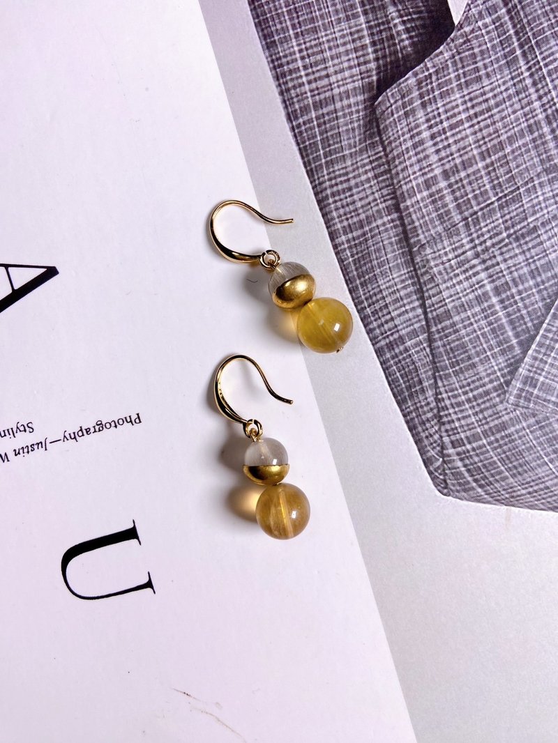 Rabbit Fur Crystal//Yellow Fluorite// Bronze//Dangle Earrings - ต่างหู - หยก สีเหลือง