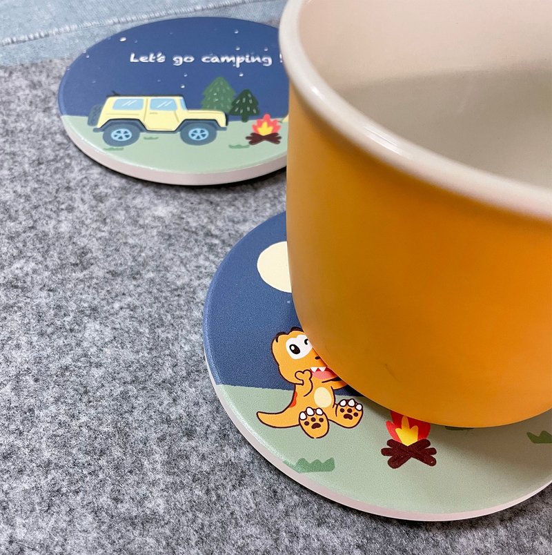 Dinosaur goes camping Yingge ceramic absorbent coaster - Coasters - Pottery Multicolor