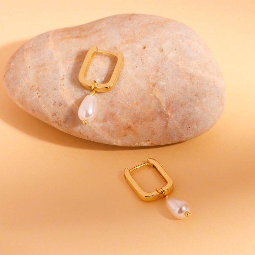 Miagoldjewel 歐美新款ins風博主款珍珠耳環 幾何市場簡約18k金色耳扣 珍珠女款