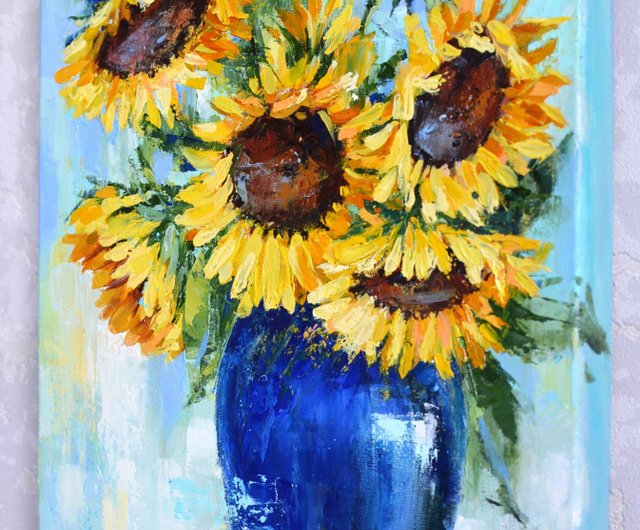 オリジナル油絵キャンバス厚塗り 30x24 黄色の花ひまわり静物画