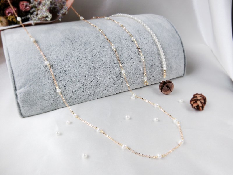 [Little Pearls] Freshwater Pearl Sterling Silver Necklace/Long Chain - สร้อยคอ - เครื่องเพชรพลอย สีกากี