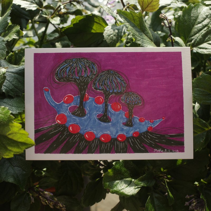 蘑菇與藍色葉子 原創手繪插畫 明信片 148*100mm 1張 - 卡片/明信片 - 紙 多色