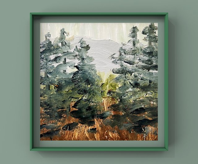 落ち着いた秋の森の油絵抽象的な風景画松の松林屋外アート