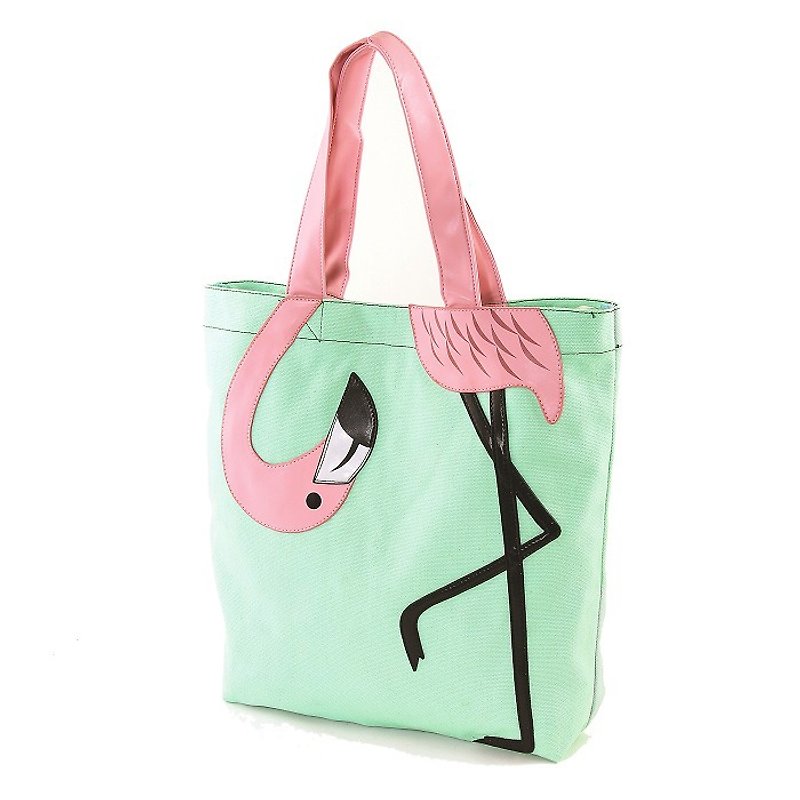 Long-legged flamingo canvas childlike tote bag spot sale - Cool Le Village - กระเป๋าแมสเซนเจอร์ - ผ้าฝ้าย/ผ้าลินิน สีเขียว
