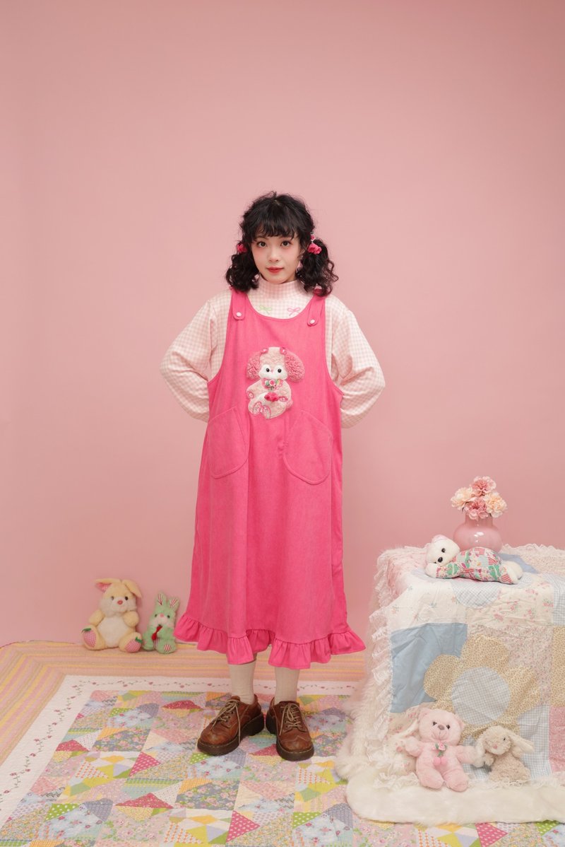 昭和少女 小狗玩偶燈芯絨連身裙 - 洋裝/連身裙 - 其他材質 粉紅色