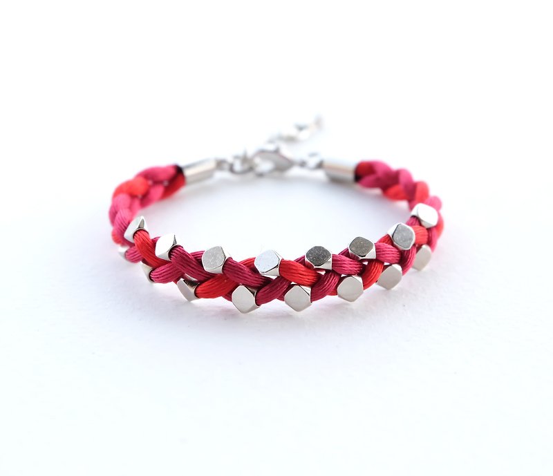 Red pink silver bead braided bracelet - Bracelets - Other Materials Red