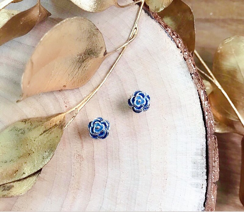 Blue peony sterling silver enamel earrings - Earrings & Clip-ons - Enamel Blue