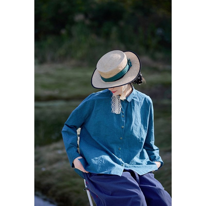 滄海藍純棉顯瘦休閒翻領襯衫 - 女襯衫 - 棉．麻 