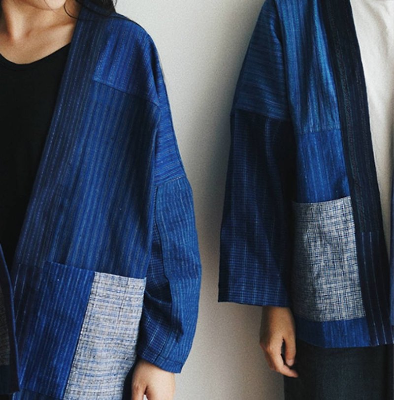 藍條紋土布 情侶款秋冬拼布外套 日式手織老土布 和風道袍Kimono - 女大衣/外套 - 棉．麻 藍色