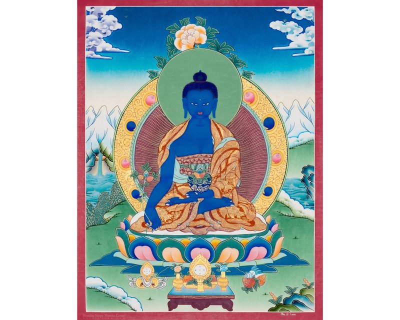 手繪藥師佛唐卡 | 西藏藝術  促進療癒與長壽 - 壁貼/牆壁裝飾 - 其他材質 多色