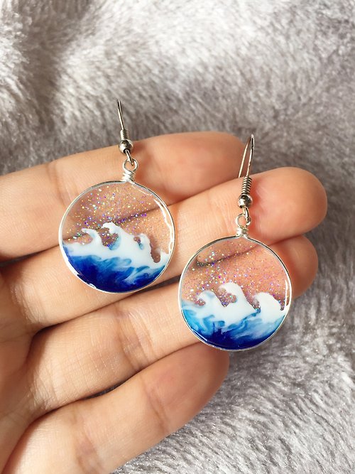 MINIMstudio 【浪花】純手繪海洋系列 | 透明圓框手作耳環耳夾 | 玻璃海藍色