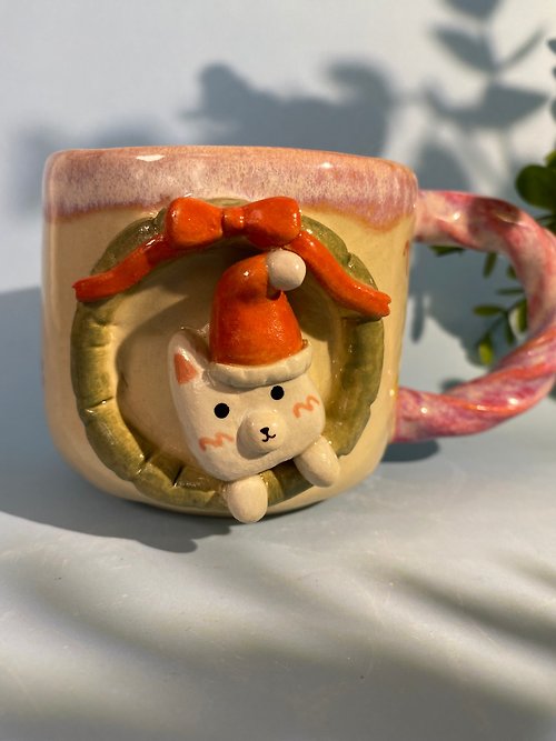 cher’s pottery Handmade ceramic cup. Handmade ceramic mug with cute Santa cat pattern. for gifts