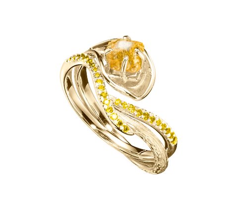 Majade Jewelry Design 黃寶石14k黃鑽石馬蹄蓮結婚戒指組合 海芋花原石密鑲求婚戒指套裝