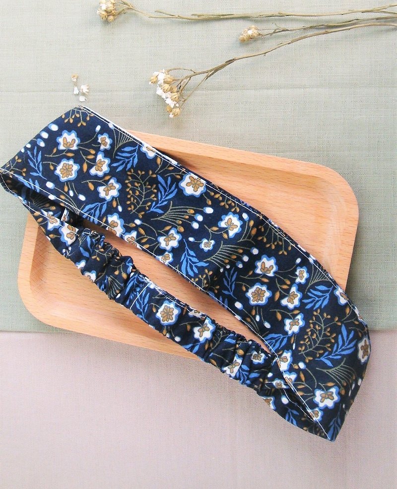 Starry Night Flower Tea - Limited Korean Tea - Qianchen Straight Single Ring Handmade Elastic Hairband - เครื่องประดับผม - ผ้าฝ้าย/ผ้าลินิน สีน้ำเงิน