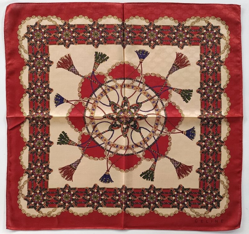 セリーヌ ヴィンテージ スカーフ ジャカード織り – ケルティックノット＆タッセルモチーフ 23 x 23インチ - スカーフ - コットン・麻 ブラウン