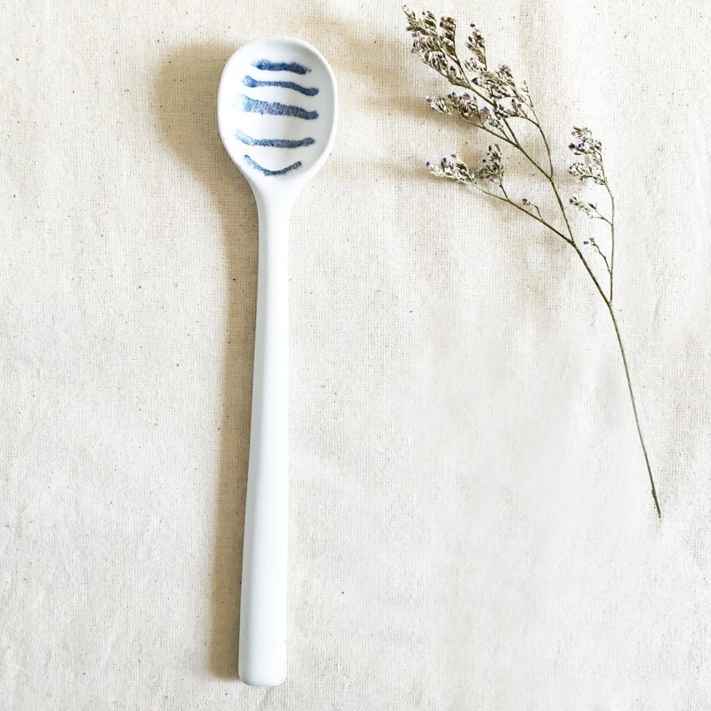 Handmade Ceramic Long Spoon - Stripes - Cutlery & Flatware - Pottery White