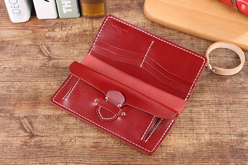 [Cut line] Italian vegetable tanned leather handmade leather ladies wallet long clip 002 wine red - Wallets - Genuine Leather Red