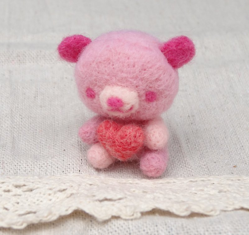 Valentine's Day Teddy Bear- Wool felt  (key ring or Decoration) - Keychains - Wool Pink