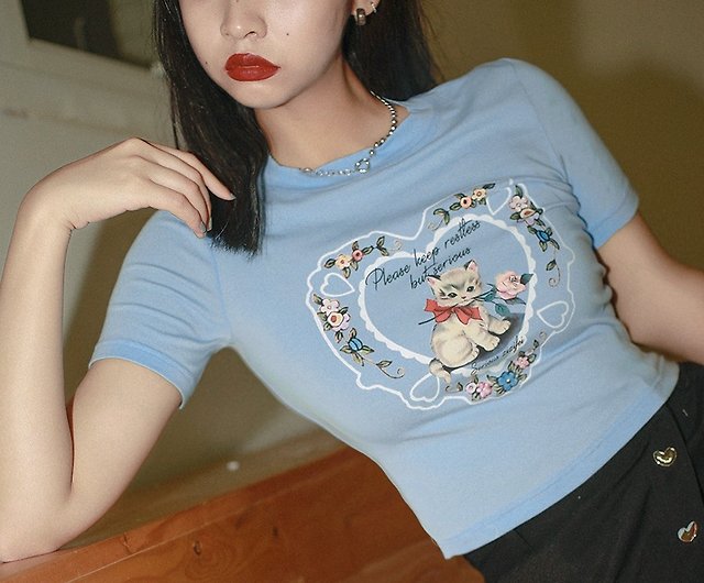 Zizifei短い段落スリムな薄い半袖tシャツ女性loshiブルーチュニックとアメリカンスタイルのレトロな甘い女の子 ショップ Zizifei Tシャツ Pinkoi