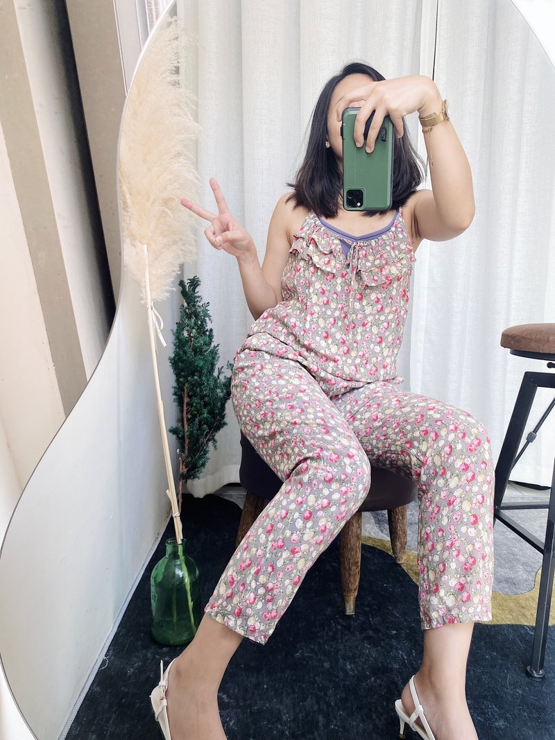 淺灰浪漫碎花綁繩戀愛細肩女孩 古著絲質連身褲吊帶褲overalls - 吊帶褲/連身褲 - 絲．絹 多色