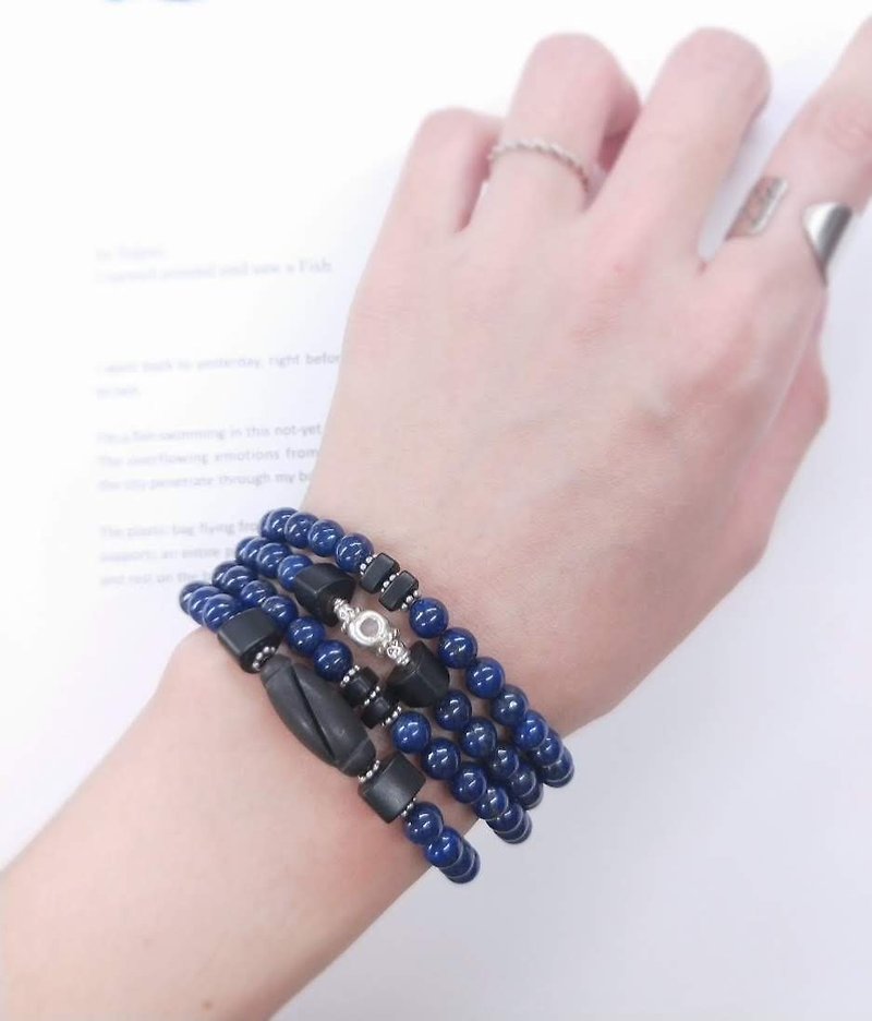 [108 rosary series / unique product] 5mm lapis lazuli*black chalcedony*sterling silver rosary - Bracelets - Semi-Precious Stones Blue