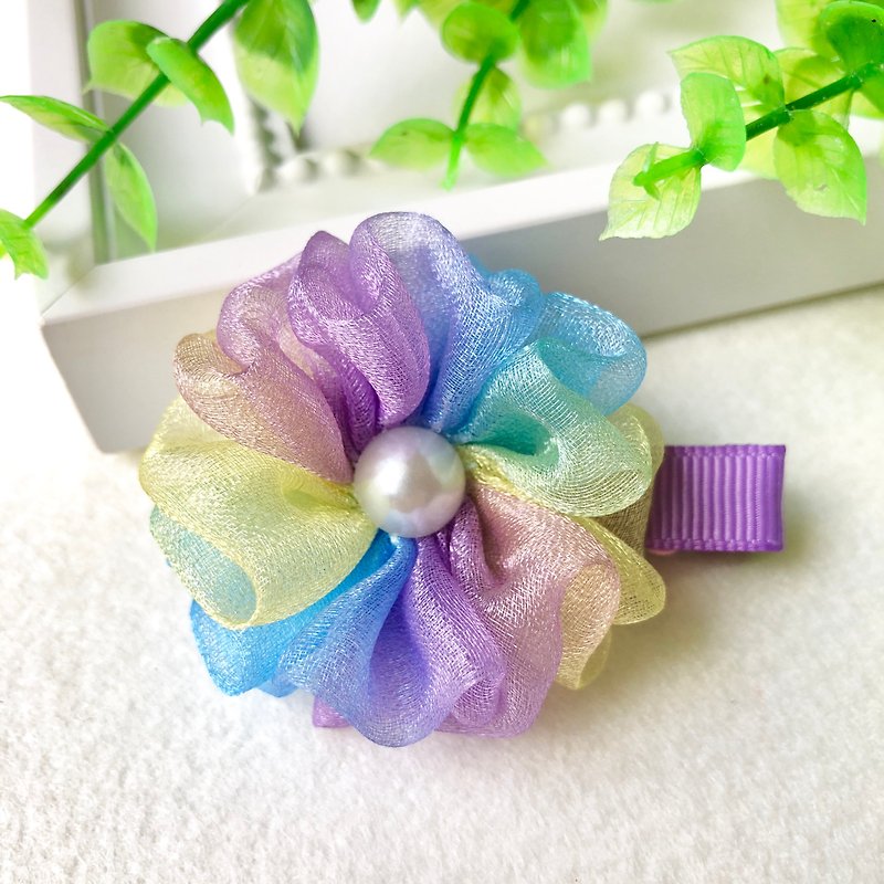 Symphony pearl yarn small flower bangs hairpin / purple blue yellow - เครื่องประดับผม - วัสดุอื่นๆ 